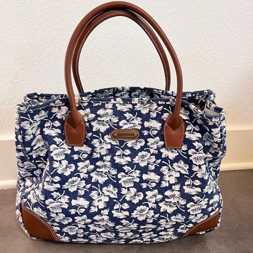 Liz Claiborne blue white floral Jacquard canvas tote Brown faux leather tote bag
